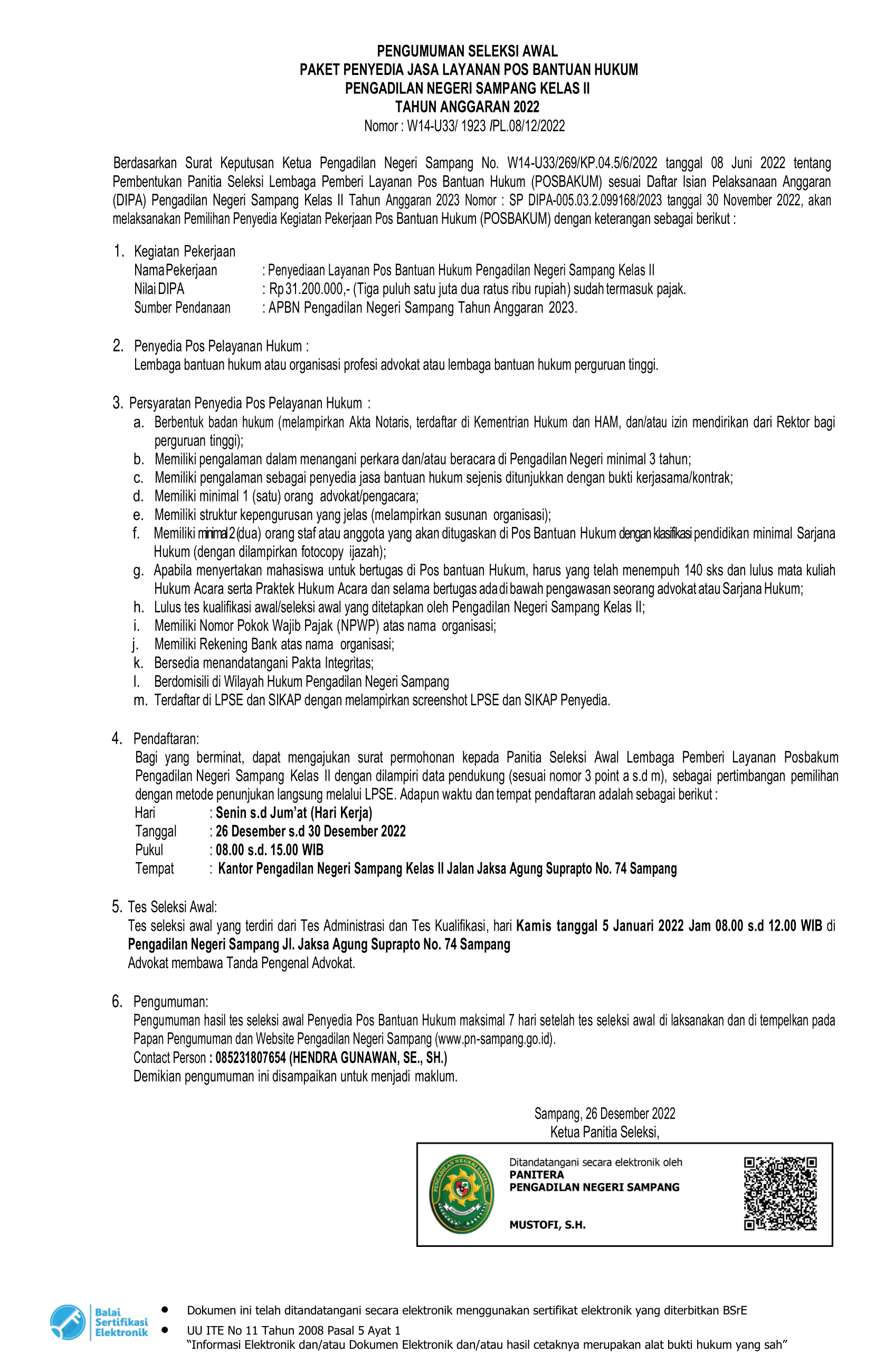 PENGUMUMAN PENGADAAN POSBAKUM SAMPANG