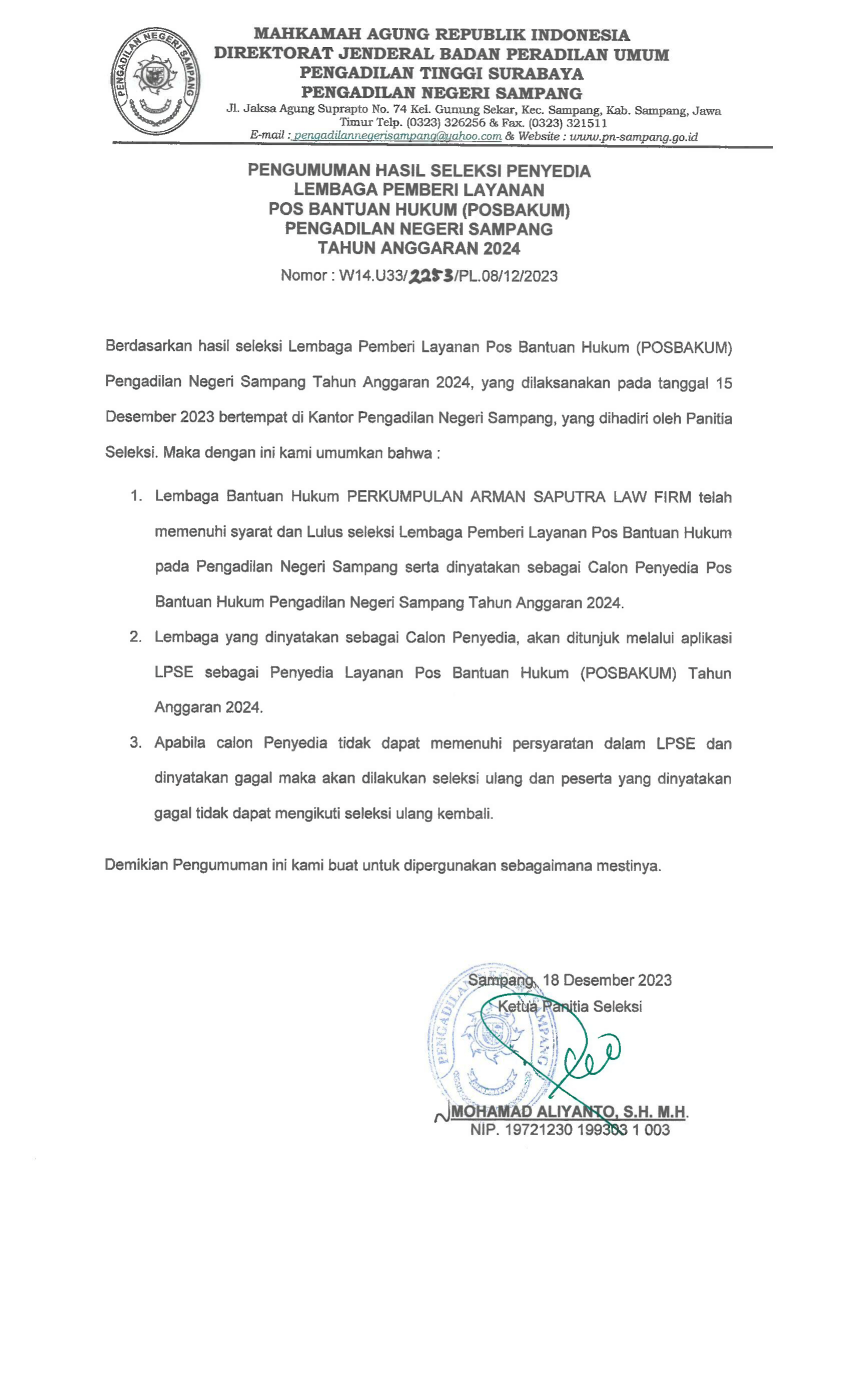 Pengumuman Hasil Seleksi Posbakum TA 2024 1